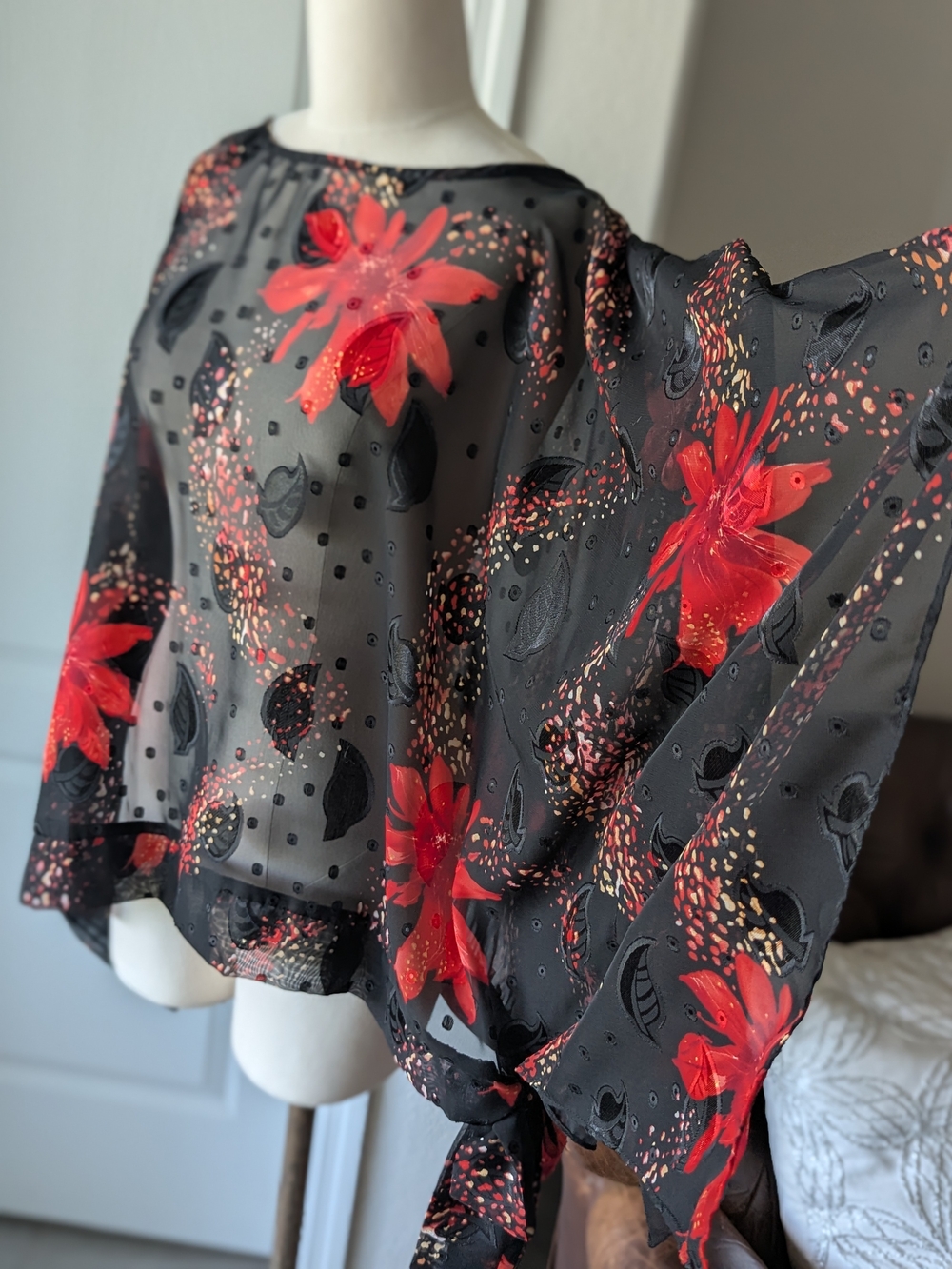 Sheer Floral Overlay Top - Black with Red Flowers